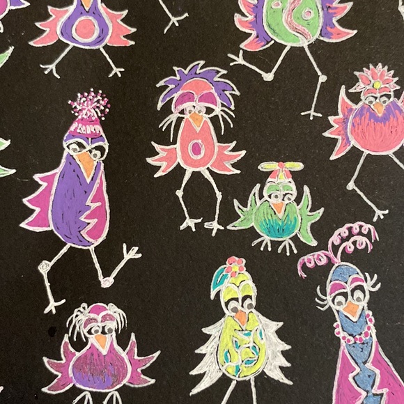 Unframed Original Art in Gel Pen on Black Paper Flocking Strange Birds - Picture 9 of 9